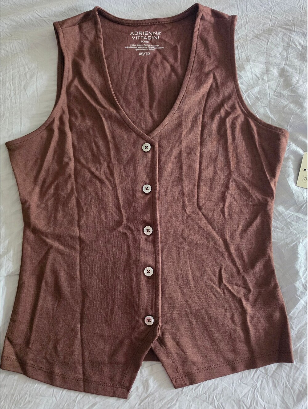 Adrienne Vittadini Ponte Brown Sleeveless Button-Up Top XS